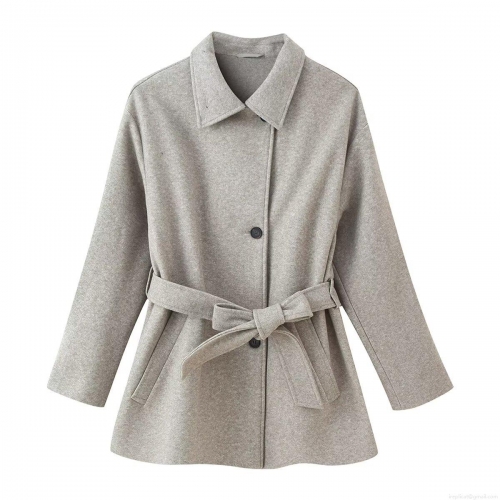 Women's Elegant Wool-Like Mid-Length Coat British Style Lapel Jacket With Waist Belt Single-Breasted Solid Color Polyester Blend Outerwear For Autumn Winter