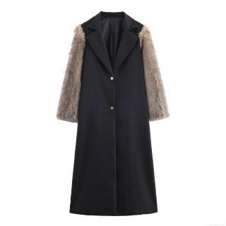 Women Fashion Faux Fur Splicing Long Coat Street Style Oversized Warm Black Contrast Color Lapel Button Down Outerwear Winter Trench Overcoat