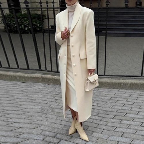 Women's Elegant Extra Long Woolen Coat Shawl Collar Slim Fit Single Breasted Overcoat For Autumn Winter Office Street British Style Polyester Outerwear