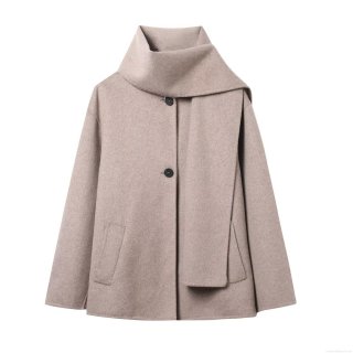 Women's British Style Minimalist Woolen Coat With Integrated Scarf Collar Loose Short Single Breasted Polyester Outerwear For Autumn Winter