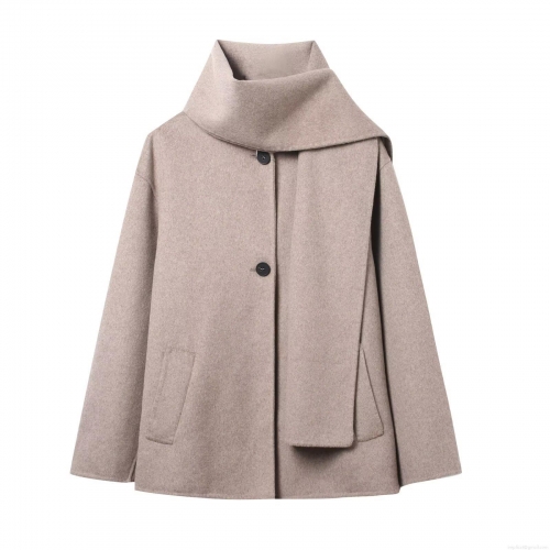 Women's British Style Minimalist Woolen Coat With Integrated Scarf Collar Loose Short Single Breasted Polyester Outerwear For Autumn Winter
