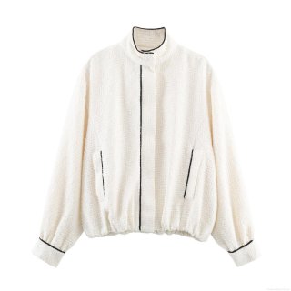 Women's Casual Tweed Style Short Jacket Stand Collar Black Contrast Trim Loose Zipper Up Outerwear Autumn Winter Raglan Sleeve Fashion Coat