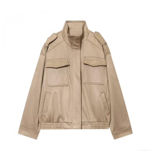 Women's Vintage Faux Suede Polyester Jacket Loose Utility Outerwear With Epaulets Multi Pockets And Elastic Hem Casual Autumn Winter Coat