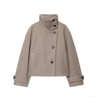 Women's British Style Short Wool Blend Coat Stand Collar Asymmetrical Single Breasted Jacket Solid Color Warm Autumn Winter Outerwear With Decorative Sleeve Straps