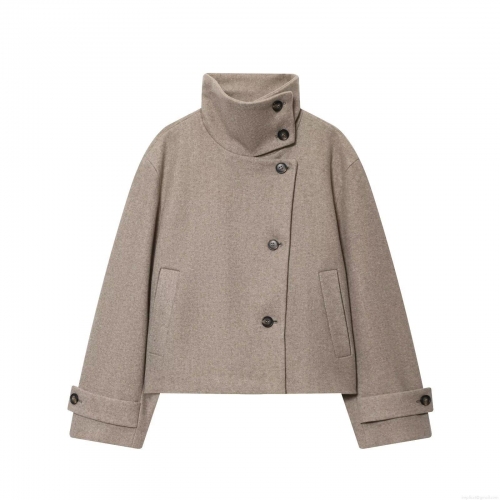 Women's British Style Short Wool Blend Coat Stand Collar Asymmetrical Single Breasted Jacket Solid Color Warm Autumn Winter Outerwear With Decorative Sleeve Straps