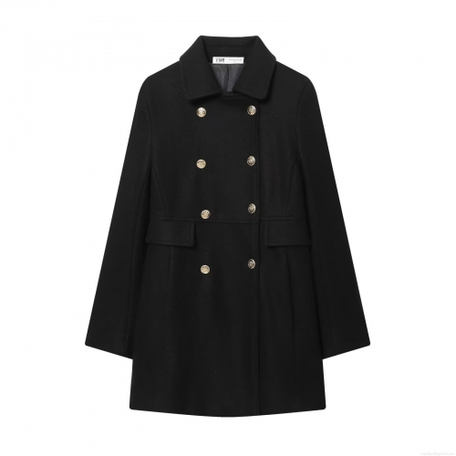British Style Women's Double-Breasted Wool Blend Coat Autumn Winter Loose Fit Lapel Long Sleeve Jacket With Crest Metal Buttons Mid-Length Overcoat Commuting Casual Outerwear