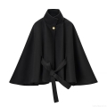 Women's Woolen Cape Coat British Style Stand Collar Single Breasted Waist Tie Poncho Jacket Elegant Autumn Winter Outerwear For Women