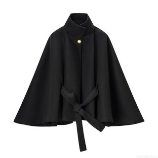 Women's Woolen Cape Coat British Style Stand Collar Single Breasted Waist Tie Poncho Jacket Elegant Autumn Winter Outerwear For Women