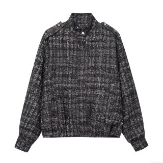 Women's Elegant Tweed Jacket 100% Polyester With Metallic Thread Stand Collar Metal Buttons Epaulettes Outerwear For Casual Office Commute British Style