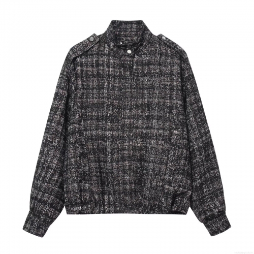 Women's Elegant Tweed Jacket 100% Polyester With Metallic Thread Stand Collar Metal Buttons Epaulettes Outerwear For Casual Office Commute British Style