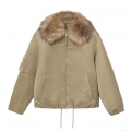 Women's American Retro Khaki Bomber Jacket With Brown Fur Collar Loose Fit Zipper Windproof Warm Outwear For Autumn Winter Casual Streetwear