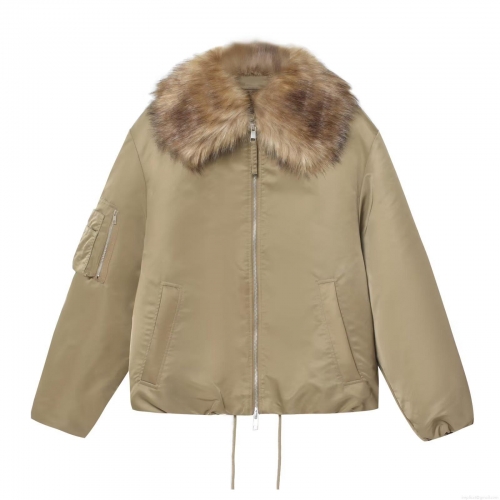 Women's American Retro Khaki Bomber Jacket With Brown Fur Collar Loose Fit Zipper Windproof Warm Outwear For Autumn Winter Casual Streetwear