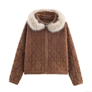 Women Winter Hooded Jacket Faux Fur Collar Rhombic Texture Fleece Cardigan Zipper Warm Cozy Thickened Sweater Coat For Women Casual Outdoor Wear