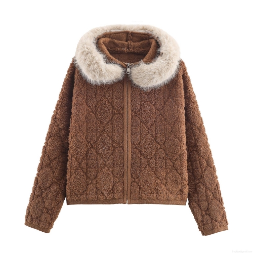 Women Winter Hooded Jacket Faux Fur Collar Rhombic Texture Fleece Cardigan Zipper Warm Cozy Thickened Sweater Coat For Women Casual Outdoor Wear
