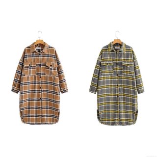 Women's Long Plaid Shacket Coat Thickened Polyester Wool-Like Flannel Shirt Jacket With Pockets Casual Streetwear Autumn Winter Outerwear