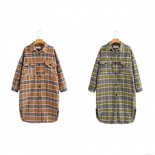 Women's Long Plaid Shacket Coat Thickened Polyester Wool-Like Flannel Shirt Jacket With Pockets Casual Streetwear Autumn Winter Outerwear