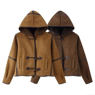 Women's Vintage Suede Hooded Jacket With Faux Fur Lining Retro Toggle Button Winter Warm Short Coat Patchwork Faux Leather Piping Outerwear For Women
