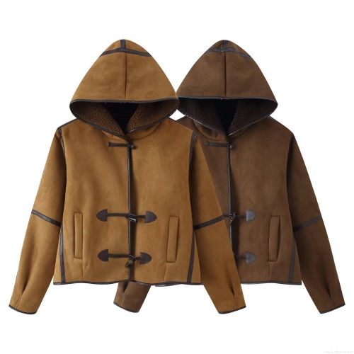 Women's Vintage Suede Hooded Jacket With Faux Fur Lining Retro Toggle Button Winter Warm Short Coat Patchwork Faux Leather Piping Outerwear For Women