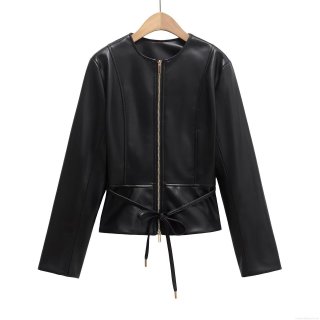 Women's PU Leather Jacket Round Neck Long Sleeve Waist Tie Short Biker Coat Fashion Slim Fit Faux Leather Outerwear Streetwear For Ladies