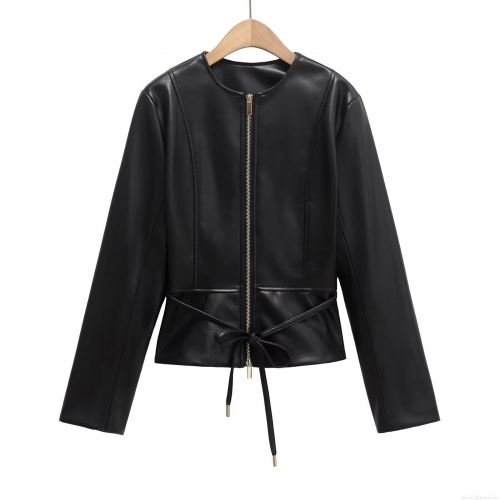 Women's PU Leather Jacket Round Neck Long Sleeve Waist Tie Short Biker Coat Fashion Slim Fit Faux Leather Outerwear Streetwear For Ladies