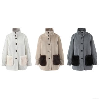 Women's Autumn Winter Mid-Length Outerwear Stand Collar Knit Stitched Coat with Faux Fur Pockets Single Breasted Loose Casual Warm Jacket Women