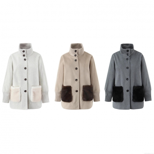 Women's Autumn Winter Mid-Length Outerwear Stand Collar Knit Stitched Coat with Faux Fur Pockets Single Breasted Loose Casual Warm Jacket Women
