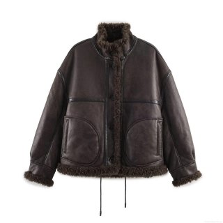 Women's Chic Faux Fur PU Leather Jacket Standing Collar Long Sleeve Thick Warm Shearling Coat For Autumn Winter Streetwear Daily Wear