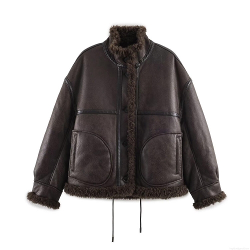 Women's Chic Faux Fur PU Leather Jacket Standing Collar Long Sleeve Thick Warm Shearling Coat For Autumn Winter Streetwear Daily Wear