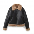 Women's Faux Leather Shearling Jacket Thick Warm Fur Lined Long Sleeve Turn-Down Collar Zip Up Biker Moto Outerwear Coat