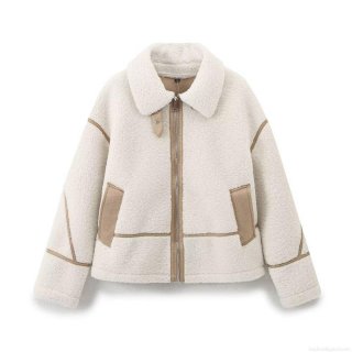 Women's Faux Shearling Jacket Lapel Long Sleeve Contrast Binding Zipper Patchwork Coat Streetwear Casual Warm Winter Outwear For Ladies