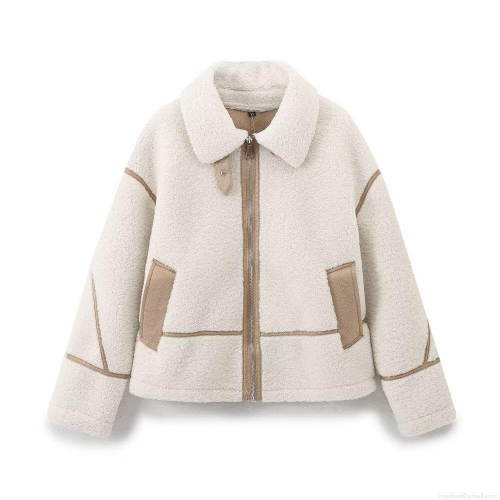 Women's Faux Shearling Jacket Lapel Long Sleeve Contrast Binding Zipper Patchwork Coat Streetwear Casual Warm Winter Outwear For Ladies