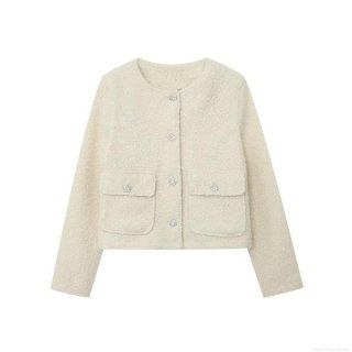 Women's Elegant Cream Bouclé Short Jacket Coat Round Neck Long Sleeve Cardigan With Luxury Rhinestone Buttons Casual Vintage Outerwear For Party Commuting