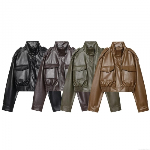 Women's Faux PU Leather Jacket Stand Collar Cargo Bomber Coat With Big Pockets Epaulettes Loose Fit Short Streetwear Outerwear For Autumn Winter
