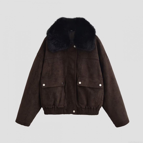 Women's Faux Suede Jacket Coat With Large Black Faux Fur Collar Loose Fit Street Style Polyester Outerwear With Flap Pockets And Metal Buttons For Winter Autumn