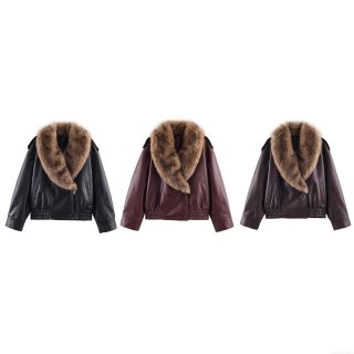 Women's Winter Chic PU Leather Jacket With Large Faux Fur Collar Double Breasted Moto Style Short Coat For Women Streetwear Outwear