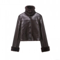 Women Faux Leather Fur Integrated Jacket Winter Warm Stand Collar Single Breasted Short Coat Streetwear Outerwear For Lady Brown