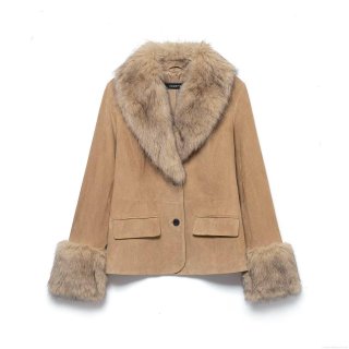 Women Faux Fur Shearling Jacket Suede Patchwork Coat Warm Winter Outerwear Casual Streetwear Lapel Single Breasted Jacket With Flap Pockets For Women