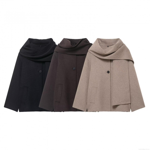 Women Scarf Collar Woolen Coat Mid-Length Single Button Solid Color Polyester Outerwear Winter Jacket For Women Casual Streetwear Minimalist Fashion