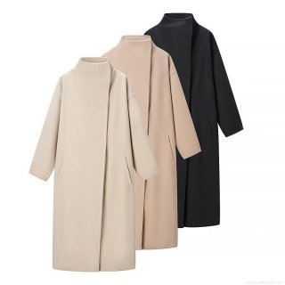 Women's Elegant Long Woolen Coat Stand Collar Thick Warm Polyester Overcoat For Autumn Winter Outerwear Streetwear Style Ladies Loose Trench Coat