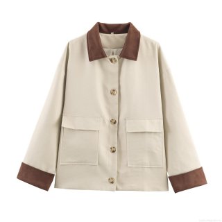 Women Contrast Suede Trim Patchwork Jacket Autumn Long Sleeve Lapel Collar Single Breasted Coat With Large Pockets For Casual Streetwear