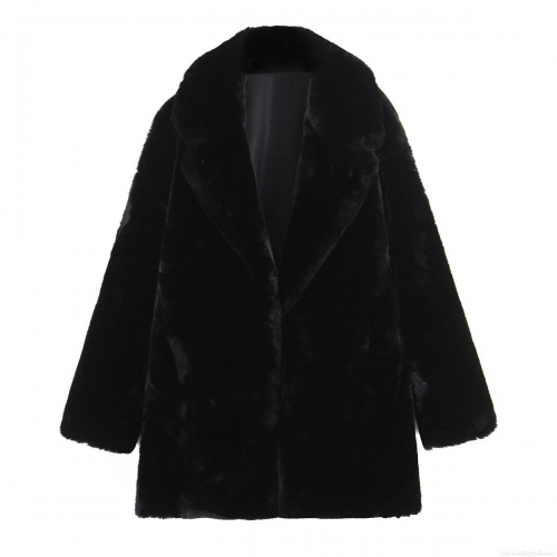 Women's Faux Fur Mid-length Coat Warm Winter Overcoat With Lapel Collar Streetwear Faux Fur Jacket For Women Outwear Solid Black