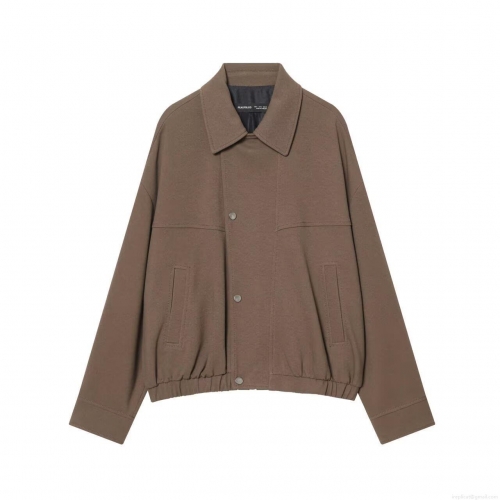 Women's Loose Bomber Jacket Solid Color Polyester Outerwear With Turn-down Collar Single-breasted Pockets And Elastic Hem Casual Street Style Long Sleeve Coat For Fall Winter