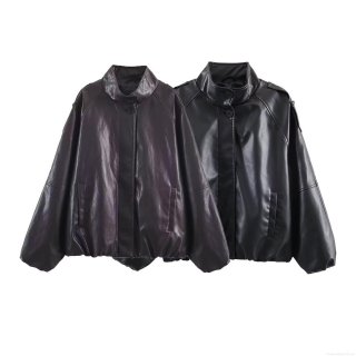 Women's Vintage Oversized PU Leather Jacket Faux Leather Button Up Moto Coat With Pockets Long Sleeve Streetwear Casual Outerwear For Autumn Winter Lady