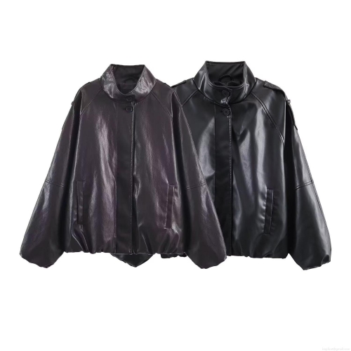 Women's Vintage Oversized PU Leather Jacket Faux Leather Button Up Moto Coat With Pockets Long Sleeve Streetwear Casual Outerwear For Autumn Winter Lady