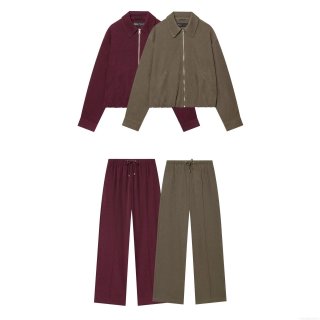 Women's Casual Solid Color Zipper Lapel Jacket Or Drawstring Elastic Waist Wide Leg Pants Streetwear Brushed Polyester Outerwear Bottoms Women's Clothing