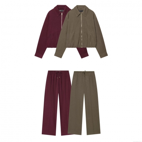 Women's Casual Solid Color Zipper Lapel Jacket Or Drawstring Elastic Waist Wide Leg Pants Streetwear Brushed Polyester Outerwear Bottoms Women's Clothing