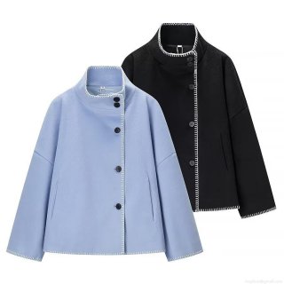 Women's Western Style Woolen Jacket Stand Collar Contrast White Stitching Single Breasted Long Sleeve Loose Coat For Fall Winter Streetwear