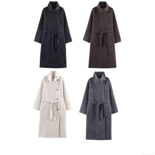Women's Long Woolen Coat Stand Collar Belted Waist Polyester Blend Autumn Winter Elegant Warm Overcoat Streetwear Outwear For Women