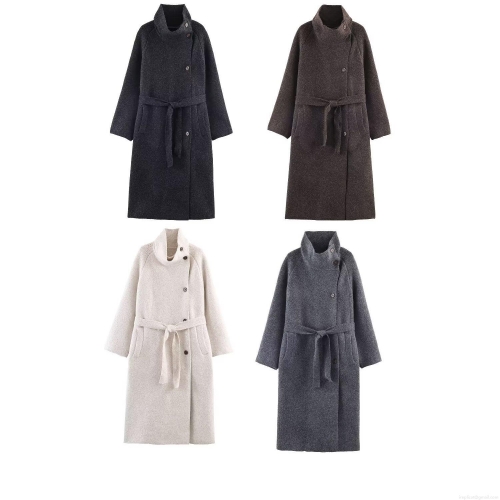 Women's Long Woolen Coat Stand Collar Belted Waist Polyester Blend Autumn Winter Elegant Warm Overcoat Streetwear Outwear For Women
