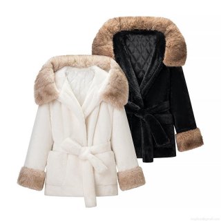 Women's Winter Faux Fur Hooded Jacket Mid-Length Thick Quilted Coat With Large Fur Collar And Tie Waist Belt Warm Streetwear Outerwear For Ladies